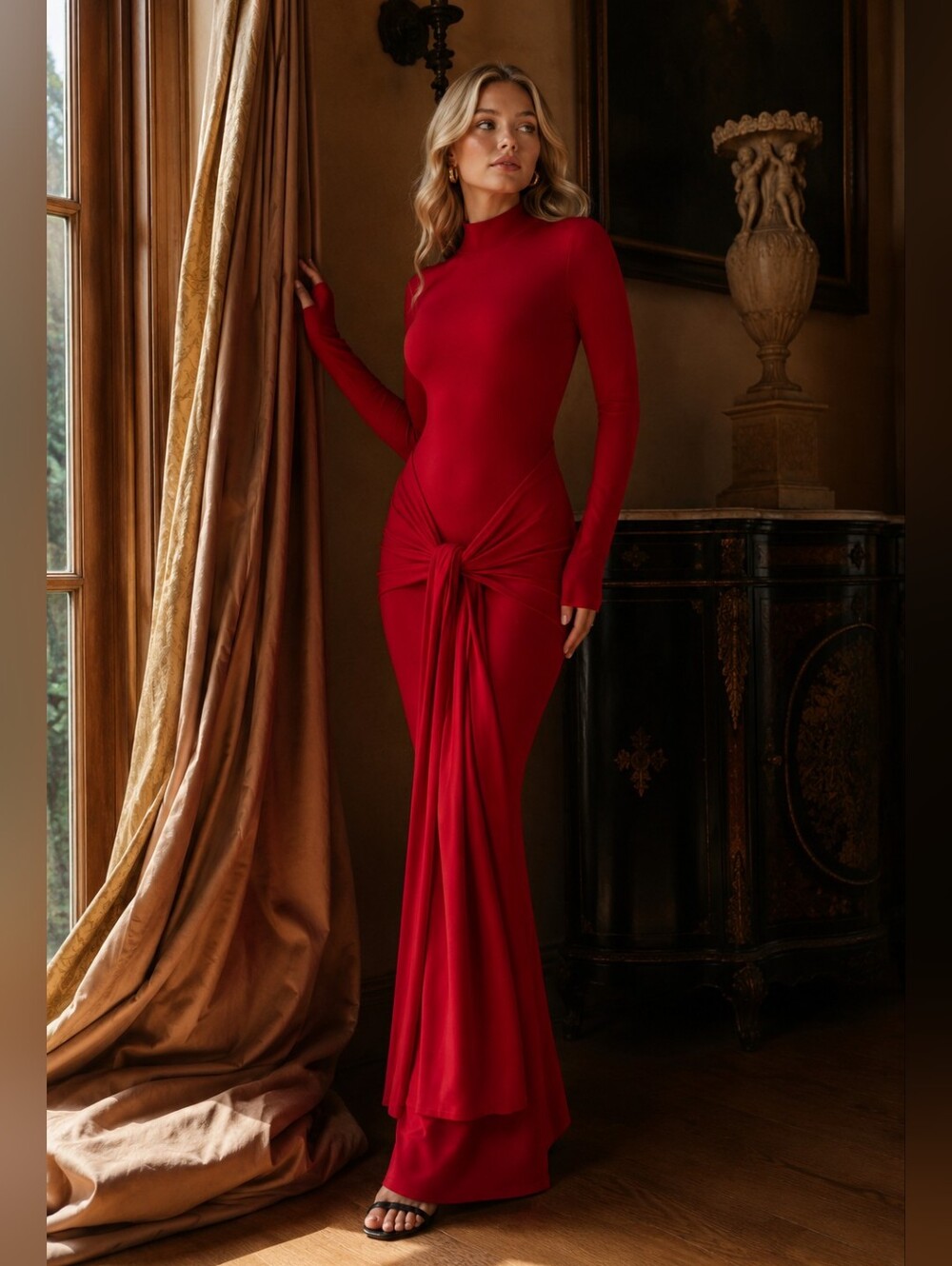 NWOT House Of Cb Imogen Red Long-Sleeve Knot-Front Evening Gown S Knit Tie Maxi